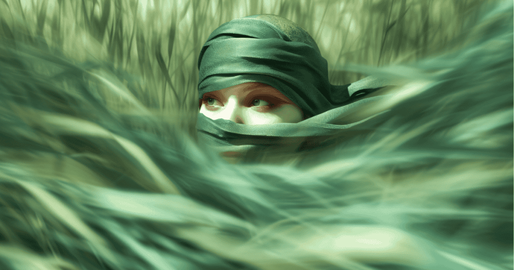 A person wrapped in flowing green fabric peers through tall grass, symbolizing the hidden and unusual superstitions that underpin their need for control.