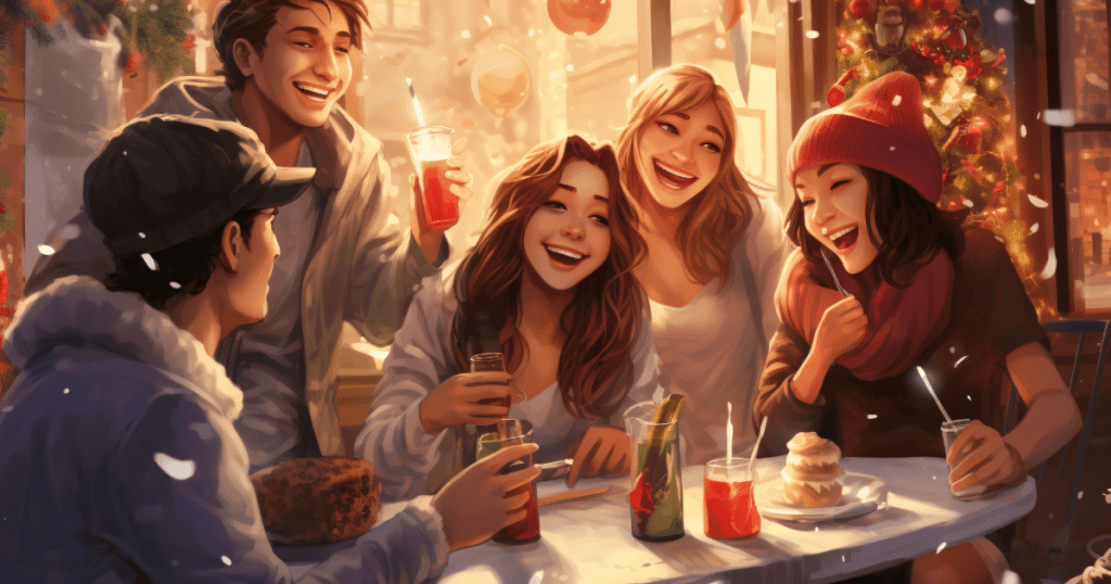 A group of friends laugh and enjoy drinks together at an outdoor cafรฉ during winter, creating a sense of belonging that makes someone feel securely accepted into the circle.