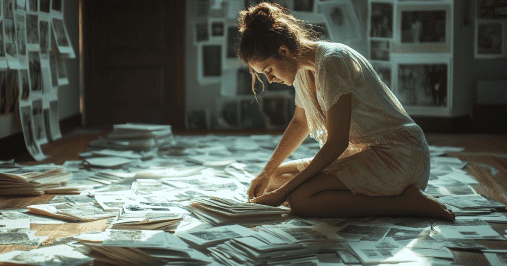 A woman surrounded by scattered papers and photos, carefully sorting through them, symbolizing the strategic act of organizing and hiding evidence from a narcissist.