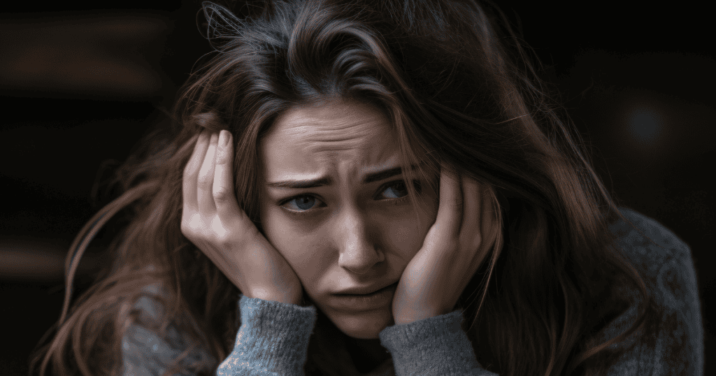A distressed young woman holds her head in her hands with a worried expression, symbolizing how panic attacks strike suddenly as the body’s hidden response to narcissistic stress and emotional overload.