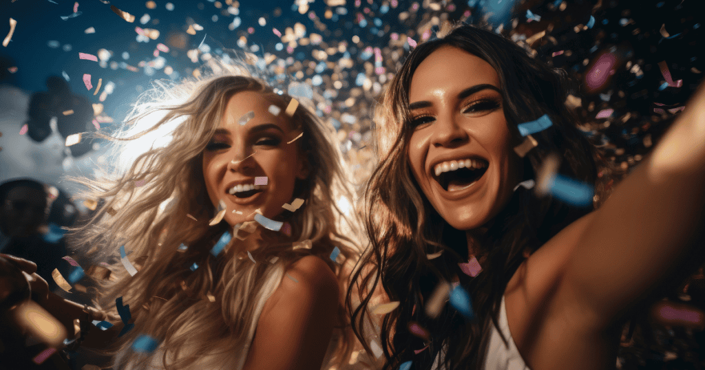 Two women joyfully celebrating in a burst of colorful confetti, radiating the unapologetic energy of not cancelling plans for narcissists.
