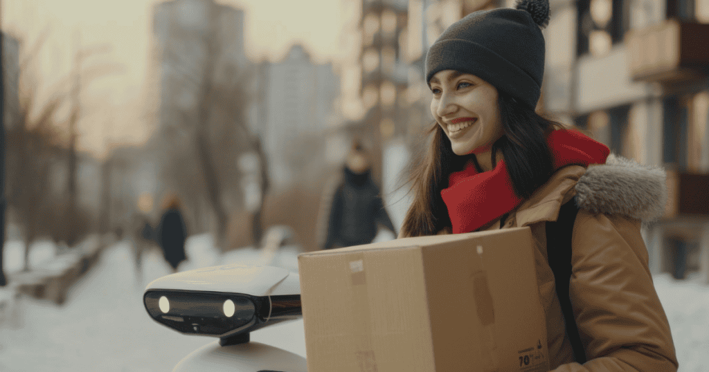 A cheerful woman holding a package, symbolizing how being overly nice makes you the one who always gives, a dynamic narcissists exploit to maintain control.