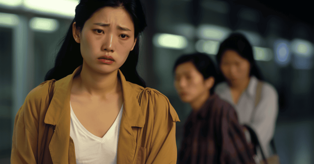 A sad young woman standing apart while others blur in the background, symbolizing how narcissists ensure you’ll never be respected when you play by their rules.