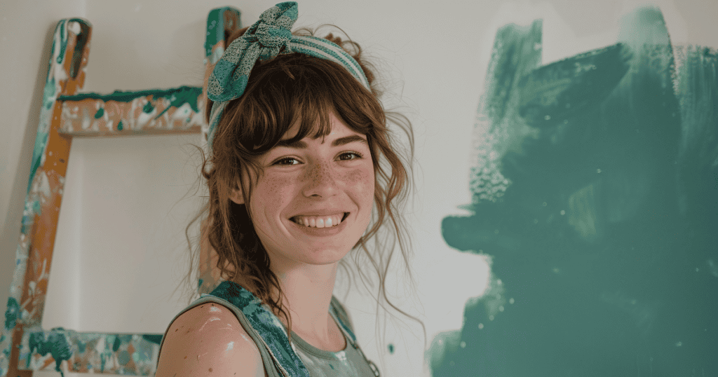 A smiling young woman with paint on her clothes stands beside a wall she is painting, representing redirecting the energy after narcissistic manipulation.
