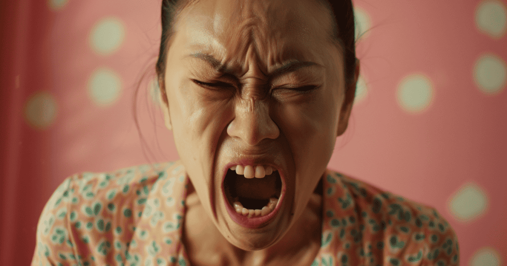 A close-up of a woman screaming with eyes shut and face tense, representing the narcissist’s rule that they can explode while you are expected to remain calm.