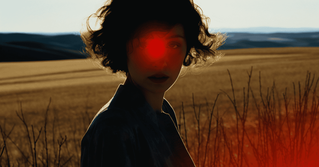 A woman stands in a field with a glowing red light over one eye, symbolizing the narcissist’s belief that their needs are urgent while yours are ignored.







