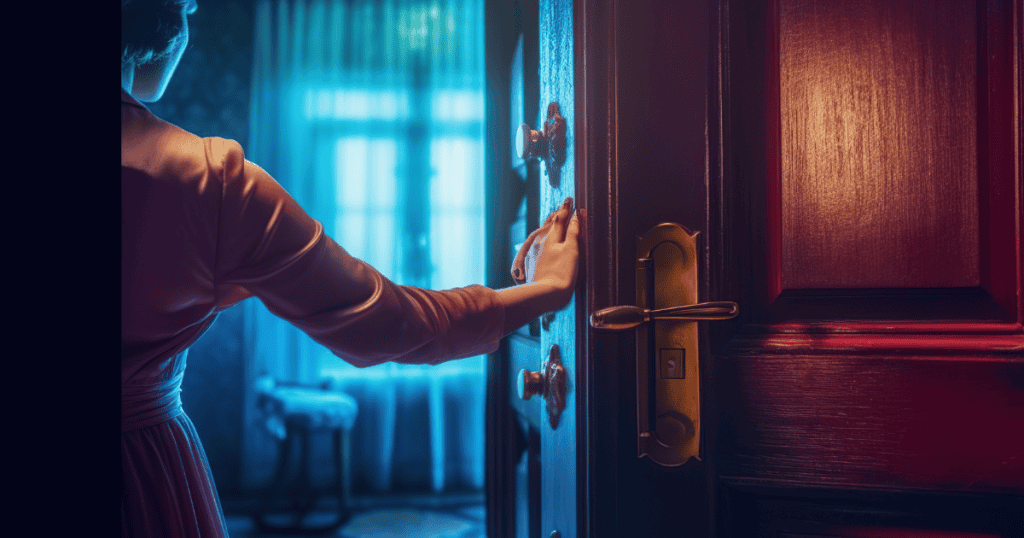 A person in a pink robe pushes open a wooden door toward a softly lit room, symbolizing how pushing back against a narcissist often gets you labeled as “the problem.”