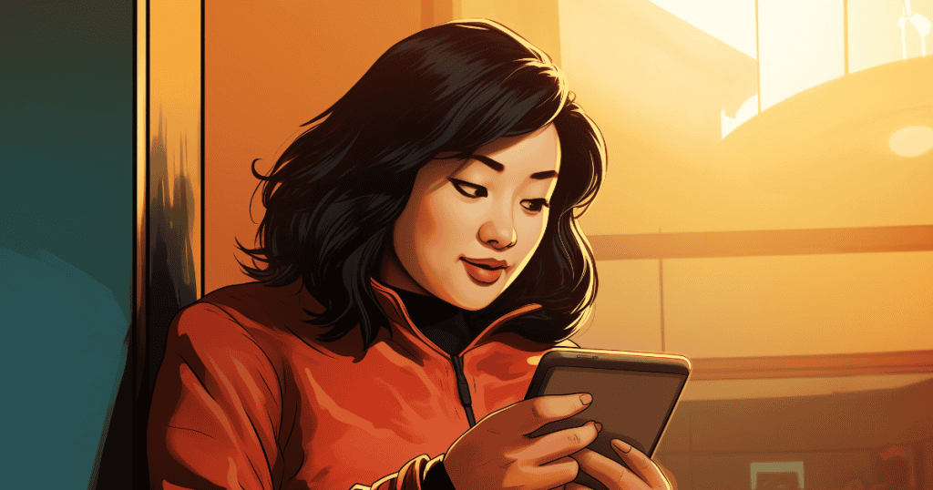 A woman in a red jacket looks thoughtfully at her phone, reflecting the high personal cost of compromising her true self.
