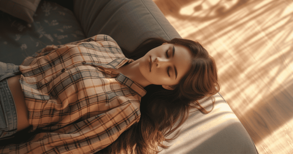 A woman in a plaid shirt rests peacefully on a couch in warm sunlight, conveying the quiet strength behind misunderstood silence.