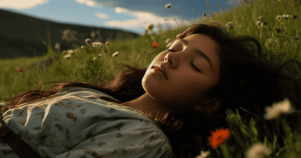 A young woman rests peacefully in a meadow surrounded by wildflowers, symbolizing the calm and rest possible even when narcissists disapprove.