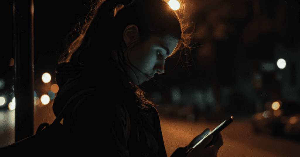 A young woman stands alone at night lit by her phone screen, illustrating the unsettling reality of being monitored online or offline.