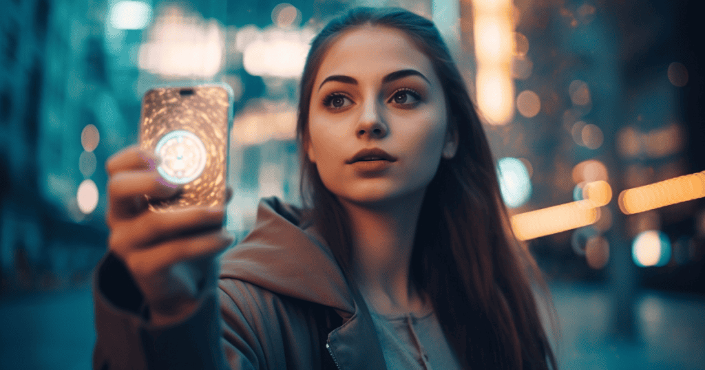 A woman holding up her phone that reflects the power of taking timestamped photos to capture truth and counter narcissistic gaslighting.