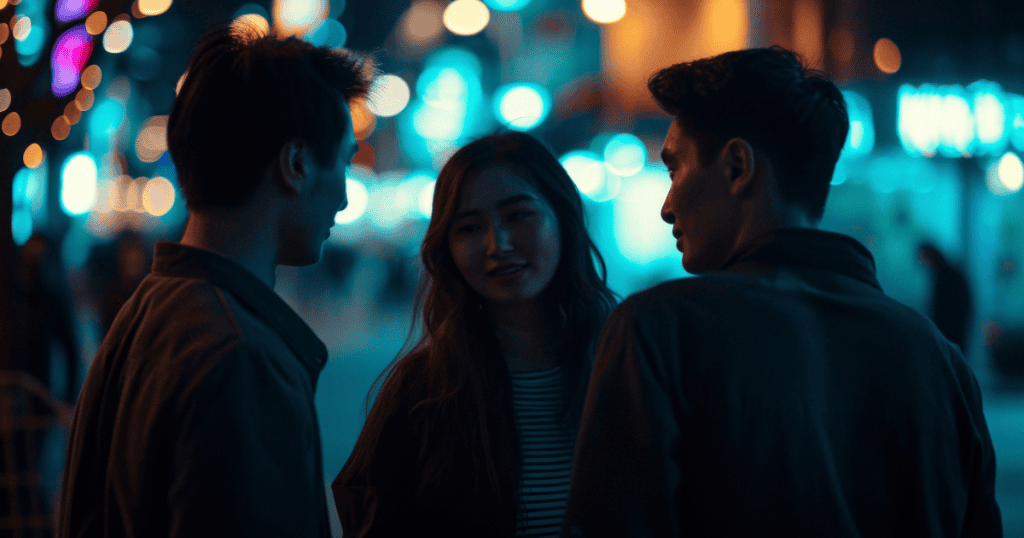 A young woman stands between two men during a night out, illustrating how narcissists test boundaries with so-called “accidents” like a brother’s joking insult.