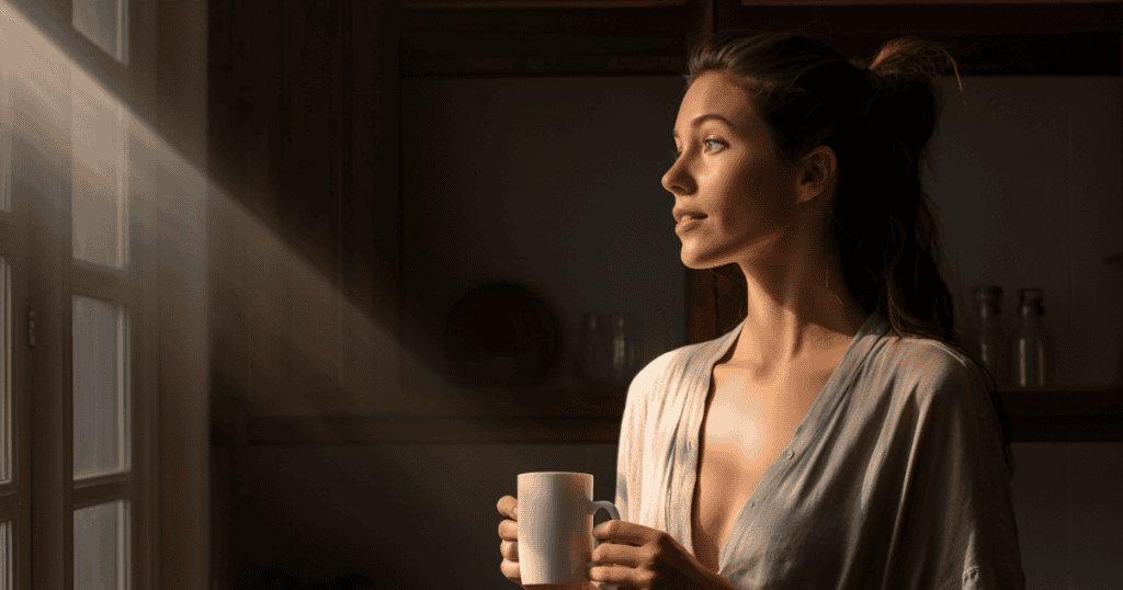 A woman holding a mug looks toward sunlight streaming through a window, symbolizing awareness and strength when recognizing the sneaky ways a narcissist tests you.