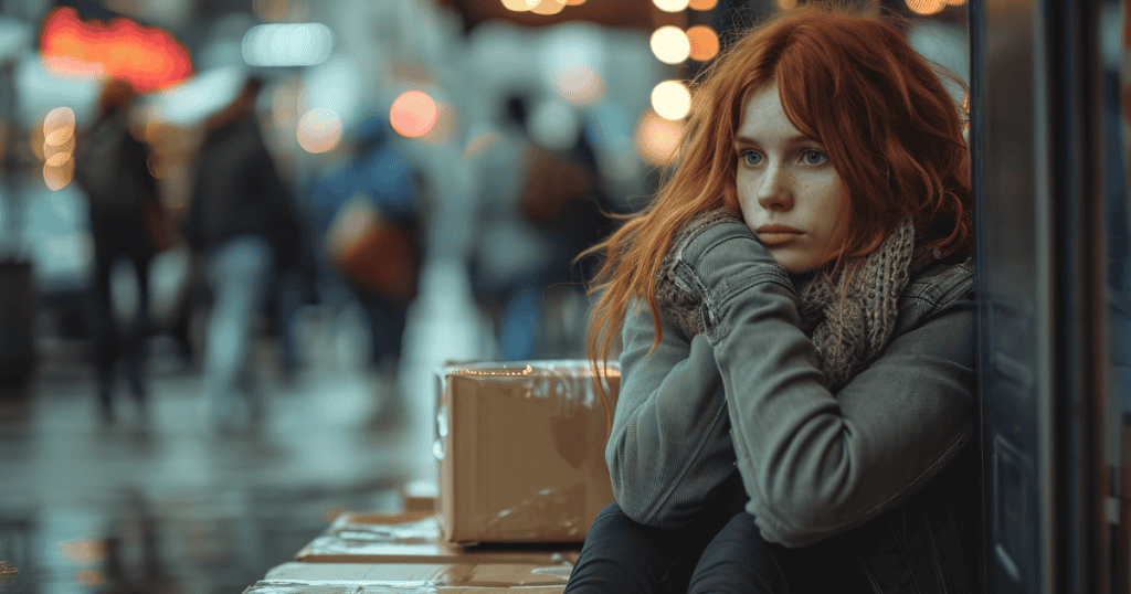 A young woman with red hair sits on a city street hugging her knees, symbolizing the emotional weight carried by those who break toxic family cycles.