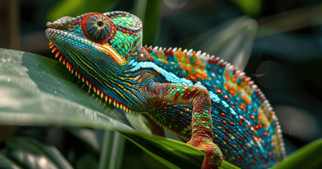 A brightly colored chameleon clings to a leaf, symbolizing the exhausting survival tactic of constantly changing yourself to blend in around narcissists.