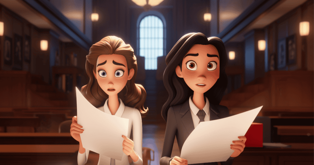Two women in a courtroom setting stare wide-eyed at papers in their hands, their shocked expressions capturing the unsettling moment of realizing how distorted and dangerous common teachings about forgiveness can truly be.