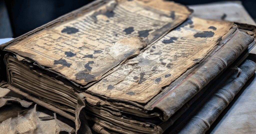 A close-up of an old, worn book with torn and stained pages, symbolizing the moment of breaking free and tearing up the narcissist’s rulebook.