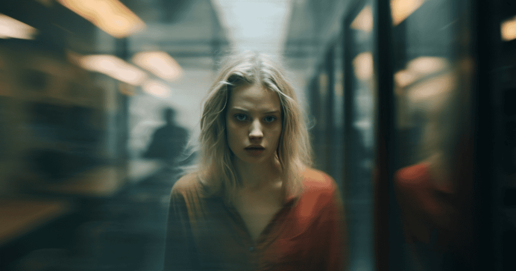 A woman stands in a blurred corridor, her expression tense and unsteady, capturing the disorientation of the forgiveness myth that keeps survivors trapped in cycles of harm.
