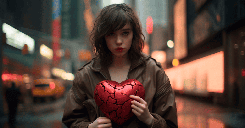 A woman holding a cracked red heart at night symbolizes the lasting emotional scars narcissists intend to leave behind.