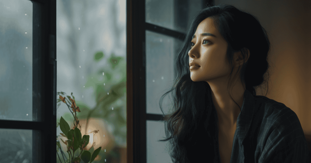A woman gazes thoughtfully out a rainy window, symbolizing the clarity and strength gained from learning the one lesson that changes everything when dealing with a narcissist.