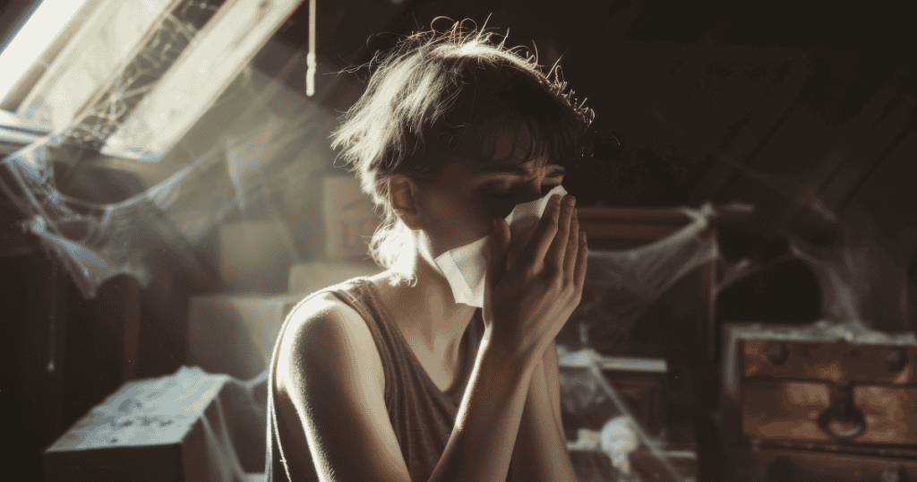A woman sits in a dusty attic holding a tissue to her face, symbolizing the emotional and physical strain of being pressured into silence.