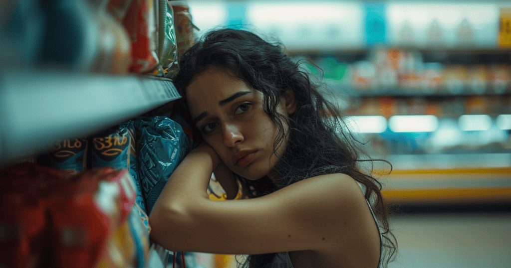 A young woman leans wearily against grocery shelves, her tired eyes reflecting deep hurt, symbolizing how narcissists prey on their chosen victims.