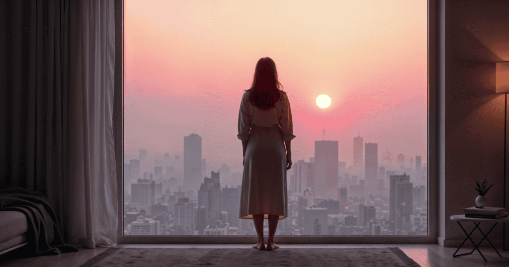 A woman stands barefoot in front of a large window overlooking a city at sunset, symbolizing the quiet isolation and judgment tied to family estrangement.