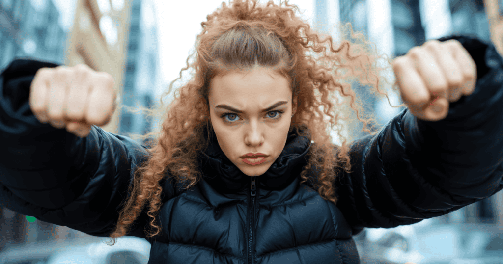 A woman clenches her fists and stares fiercely, embodying the strong one mask.