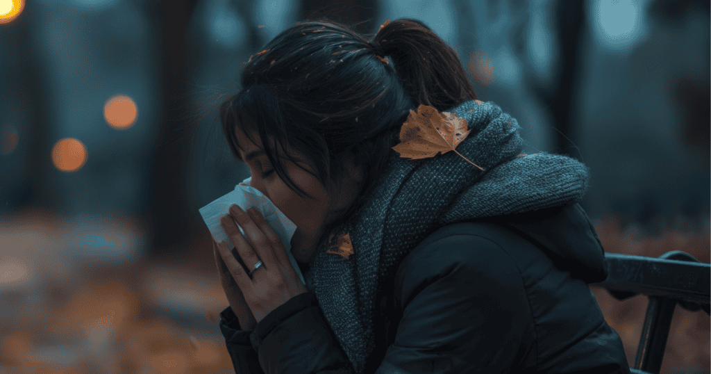 A woman sits outdoors with autumn leaves in her hair, pressing a tissue to her face as she cries, symbolizing the truth that while grief feels crushing now, the weight won’t always be this unbearable.