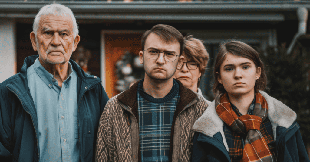 A family standing together with stern expressions, representing the truth that being related doesn’t excuse toxic or harmful behavior.