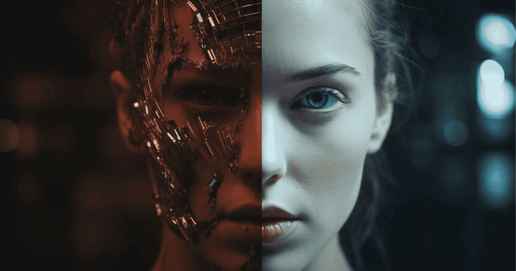 A split image shows one half of a woman’s face with metallic fragments and the other half natural, representing the two contrasting sets of rules in every narcissistic relationship.