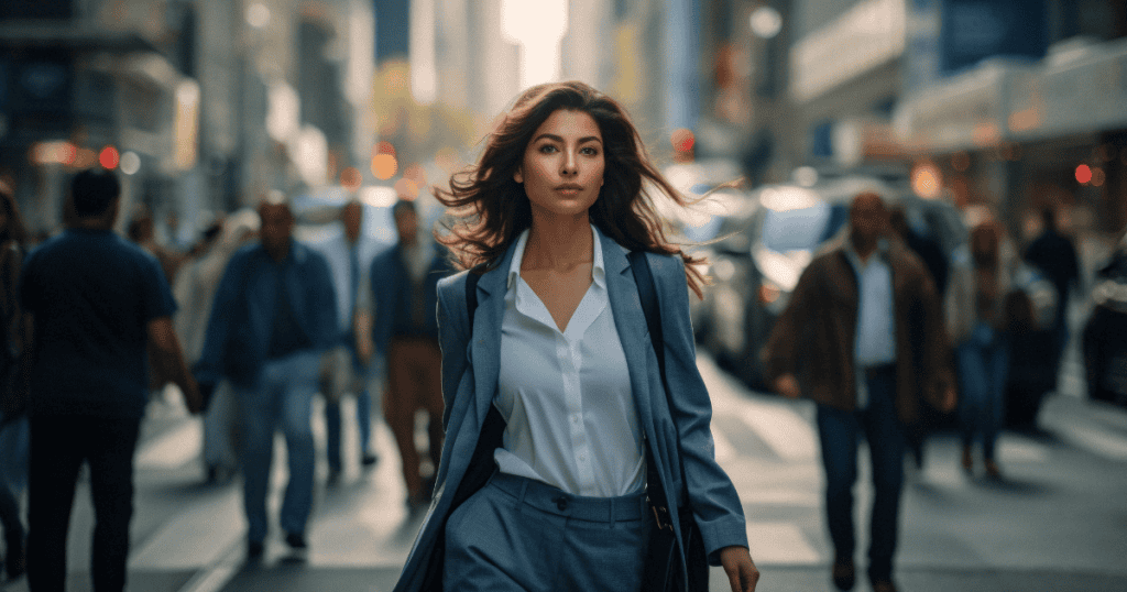 A confident woman in a suit walks through a busy city street, representing the strength of walking away from a narcissist without guilt.