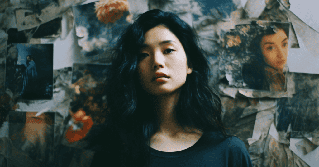 A woman with long dark hair stands in front of a wall covered in faded photographs, symbolizing accepting different memories without engaging in a narcissist’s version of the past.