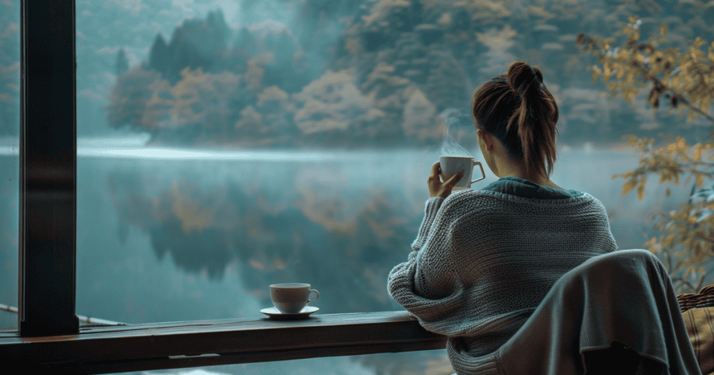 A woman calmly sipping tea by a lake, representing the freedom and self-respect that comes when you stop being overly nice and set firm boundaries.