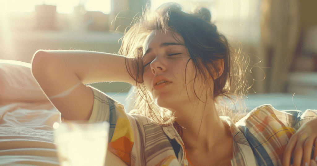A tired woman sits in soft morning light with her hand on her head, reflecting the exhaustion and overwhelm that life with a narcissist often brings.