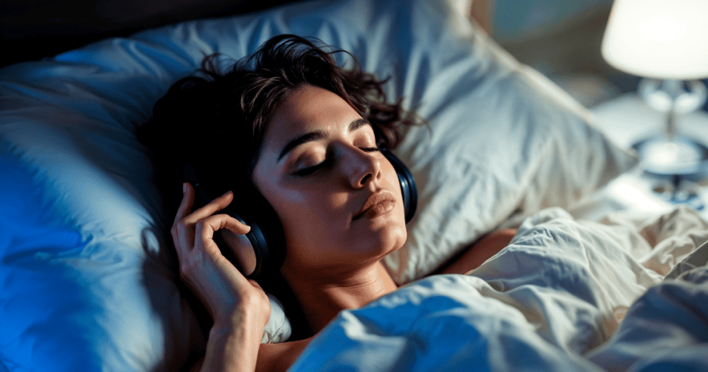 A woman rests peacefully in bed with headphones on, representing the calm and balance that returns when you take back control from a narcissist.