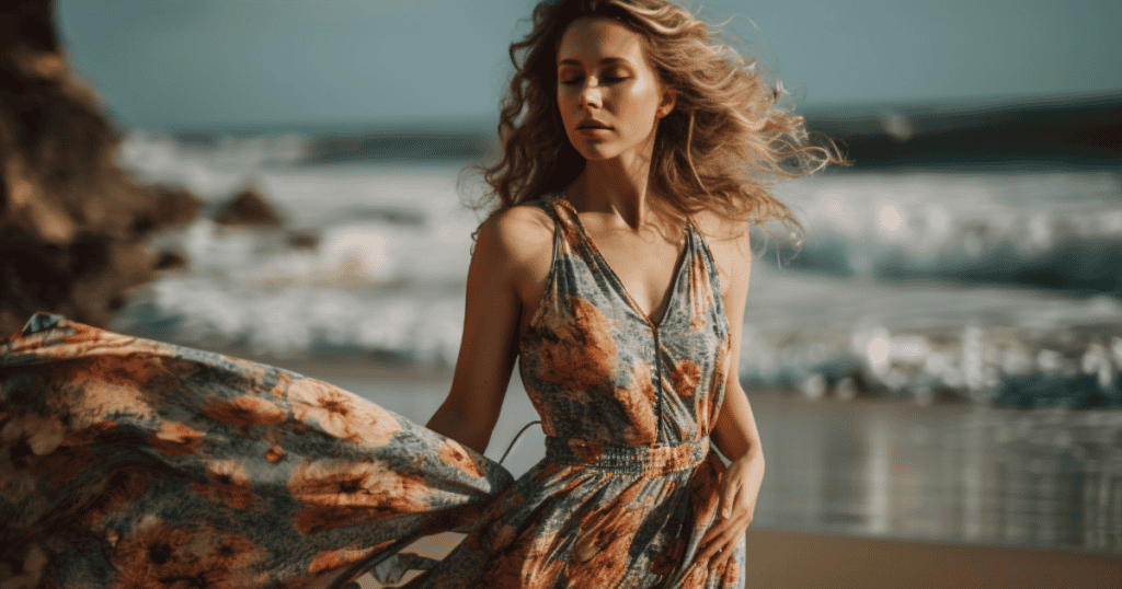 A woman in a flowing floral dress stands peacefully on a beach with eyes closed, reflecting on the activities and experiences that bring her peace and fulfillment.