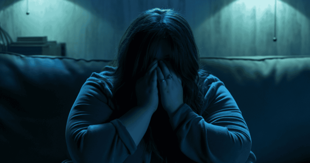 A woman sits on a couch in dim light covering her face with her hands, illustrating how avoidance behaviors can reveal deeper fears and emotional struggles.