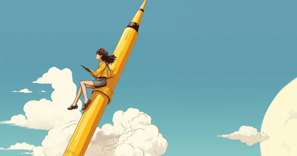 An illustration shows a woman sitting on a giant yellow pen soaring through the clouds, symbolizing the dreams and goals put on hold and the potential to pursue them.