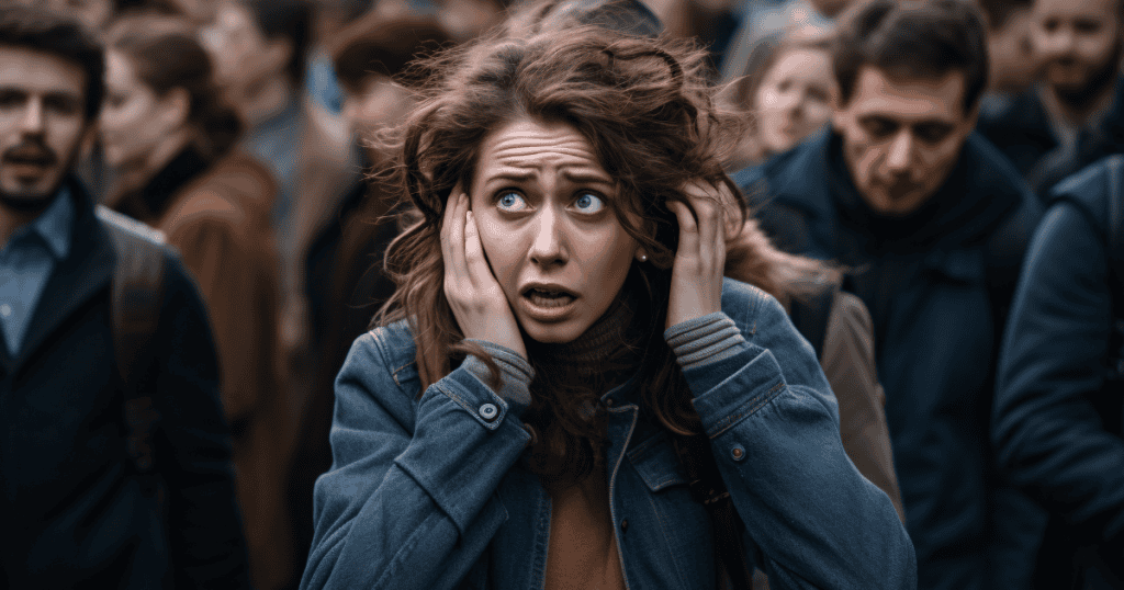 A distressed woman covers her ears in a crowded street, symbolizing how past traumas or unresolved issues can continue to affect present-day reactions and behavior.