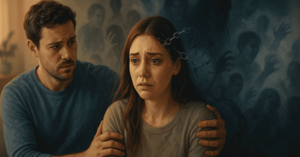 A distressed woman is comforted by a man as ghostly chains and shadows loom behind her, symbolizing how trauma from narcissistic abuse hijacks the present.