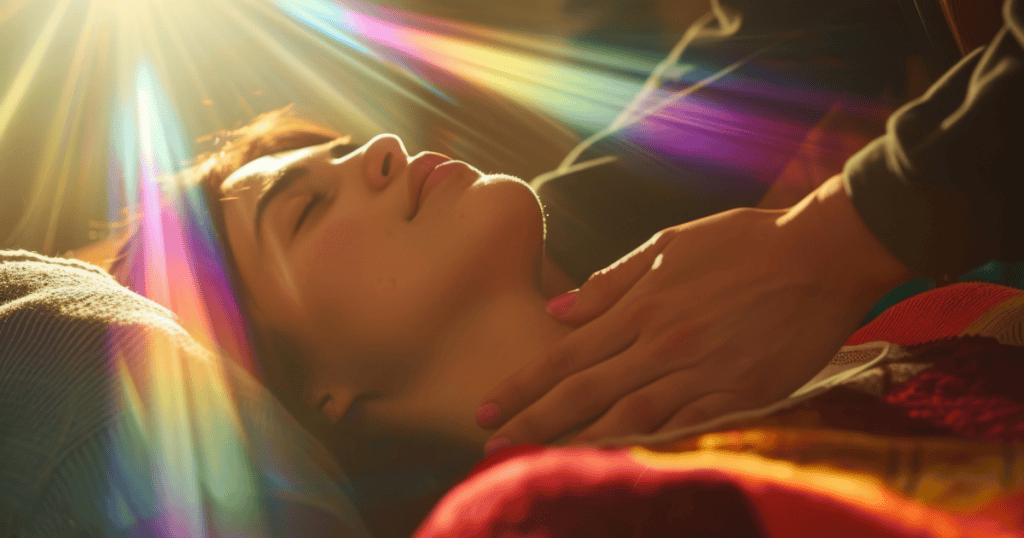 A serene woman bathed in radiant light with a hand gently resting on her chest, symbolizing the healing and peace that comes from becoming unrecognizable to narcissists.