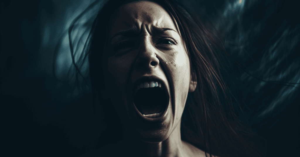 A woman screams with rage in a dark setting, portraying a narcissist unable to accept her losses.