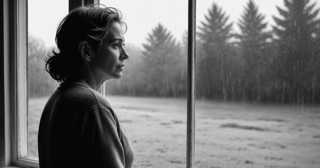 A woman stares out a rain-streaked window with a solemn expression, symbolizing how grieving a narcissist feels different because it’s mourning someone who is still alive yet emotionally absent.