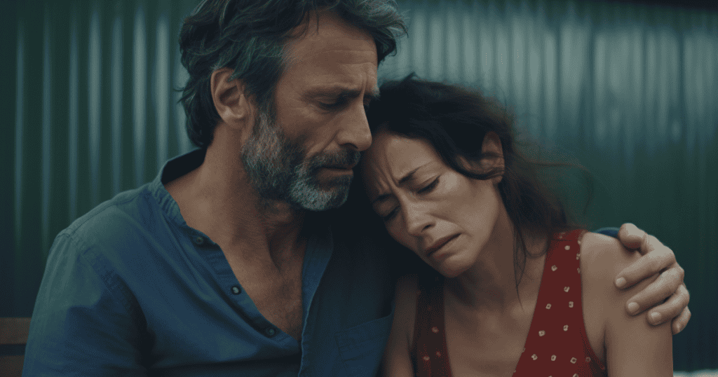 A middle-aged woman leans into a manโs shoulder, her guarded expression showing how letting someone in after narcissistic abuse feels both necessary and terrifying.