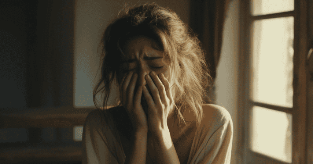 A distressed woman covers her face with her hands in a sunlit room, expressing the emotional toll of hearing the same hurtful deceptions repeatedly.