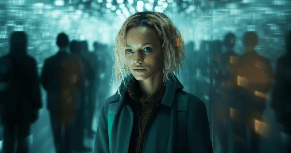 A woman stands in a crowded, dimly lit hallway with a determined expression, symbolizing the isolating truth of why narcissists will never change.