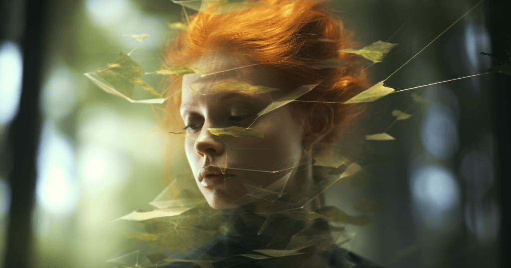 A woman with fiery red hair stands calmly among delicate threads and floating leaves, symbolizing the quiet strength that unsettles narcissists who crave control.