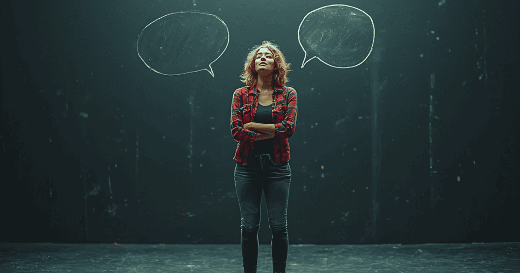 A woman standing with arms crossed beneath two empty speech bubbles, symbolizing the endless replay of conversations with narcissists.